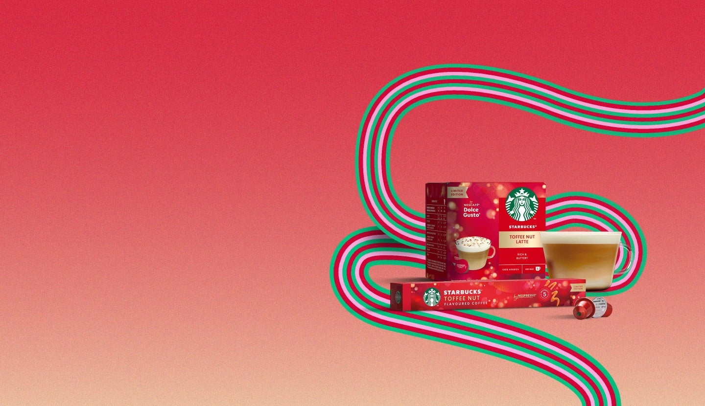 STARBUCKS holiday products on a Holiday themed swirl