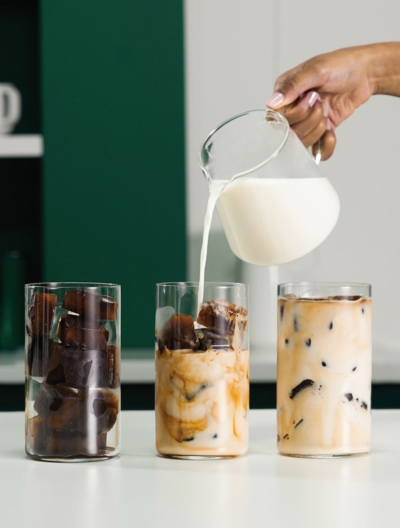 Different kinds of iced coffee being prepared