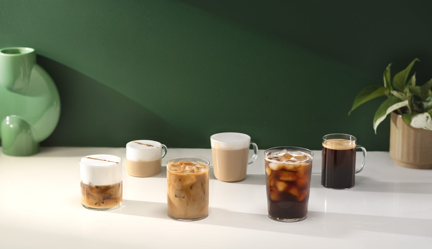 Five different cold coffees standing on the table