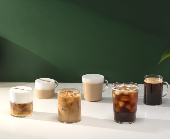 Five different cold coffees standing on the table